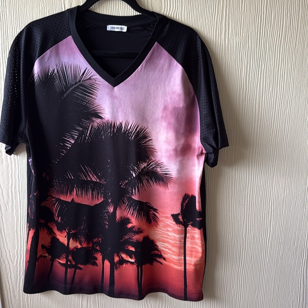 Bikkembergs Palm Tree Sunset Mesh V-Neck Graphic T-Shirt Men's Large L - Picture 7 of 9